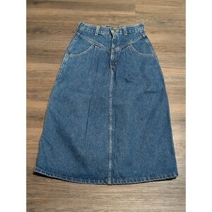 Vintage Zena Jeans USA High Waist Pleated Denim Midi Skirt Blue Women Size 9